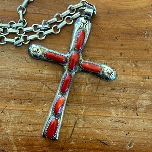 Estate Vintage Horace Iule Zuni Pueblo Sterling and Coral Cross